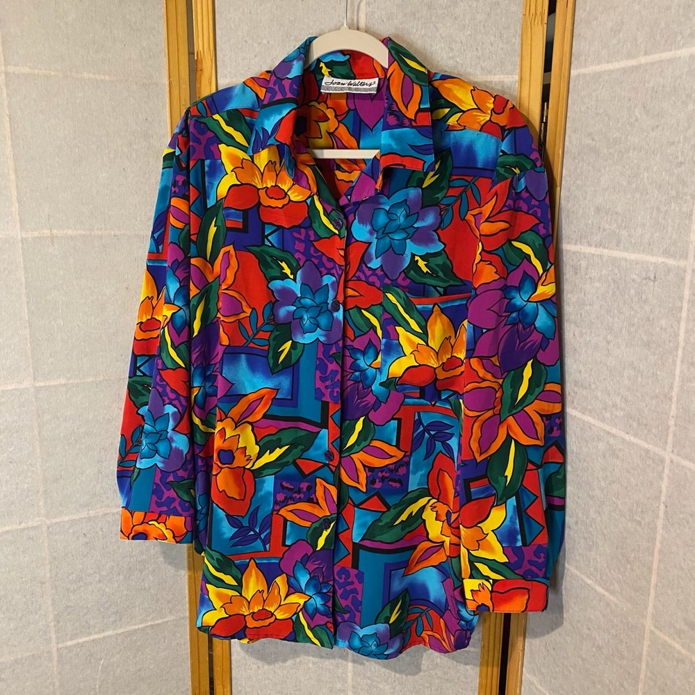 Joan Walters Vintage 80s 90s Bold Floral Abstract‎ Button Up Blouse Multicolor